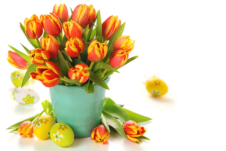 yellow-and-range tulip flowers centerpiece, flowers, eggs, bouquet, Easter, tulips, bucket, HD wallpaper