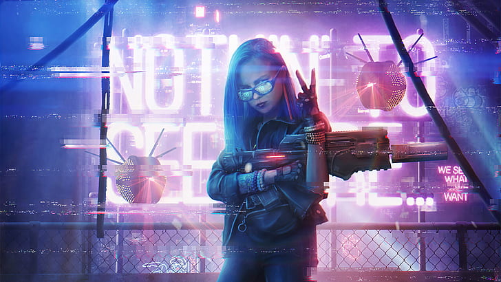 خيال علمي ، Cyberpunk ، مستقبلي ، فتاة ، بندقية ، نيون ، سلاح ، امرأة، خلفية HD