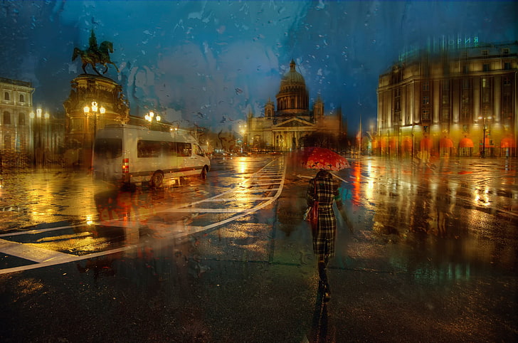 woman walking towards dome building painting, autumn, rain, Saint Petersburg, November, HD wallpaper