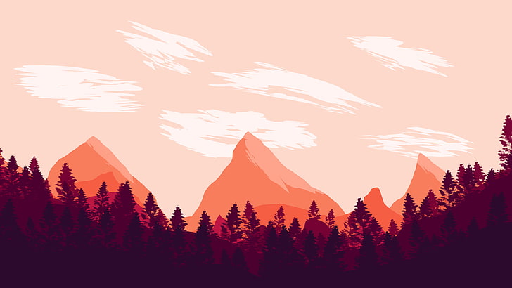 minimalistische Landschaft, Berge, Bäume, Wolken, digitale Kunst, Sonstiges, HD-Hintergrundbild