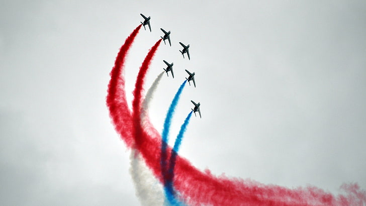 enam pesawat jet, Penerbangan di Perancis, pesawat militer, pesawat terbang, contrails, Wallpaper HD