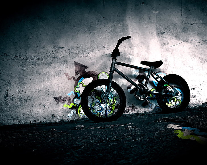 black BMX, bike, wall, graffiti, BMX, HD wallpaper
