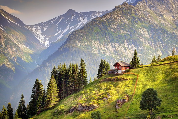 montaña y casa, Suiza, montaña, Alpes, Fondo de pantalla HD