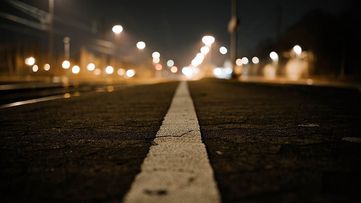betonowa droga, ulica, bokeh, noc, Tapety HD