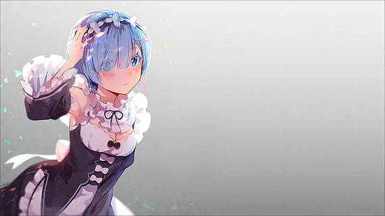 Anime, Anime Mädchen, Re: Zero Kara Hajimeru Isekai Seikatsu, Rem (Re: Zero), blaues Haar, Haarschmuck, blaue Augen, Dienstmädchen-Outfit, einfacher Hintergrund, HD-Hintergrundbild HD wallpaper