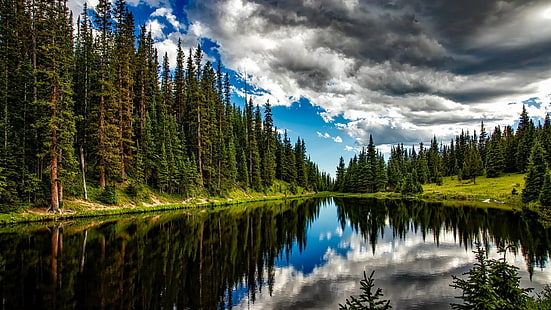 山の風景、穏やかな、森の湖、森、モミの森、国立公園、アメリカ合衆国、トウヒのモミの森、山、木、反射、ロッキーマウンテン国立公園、コロラド、雲、アイリーン湖、湖、水、空、荒野、自然、 HDデスクトップの壁紙 HD wallpaper