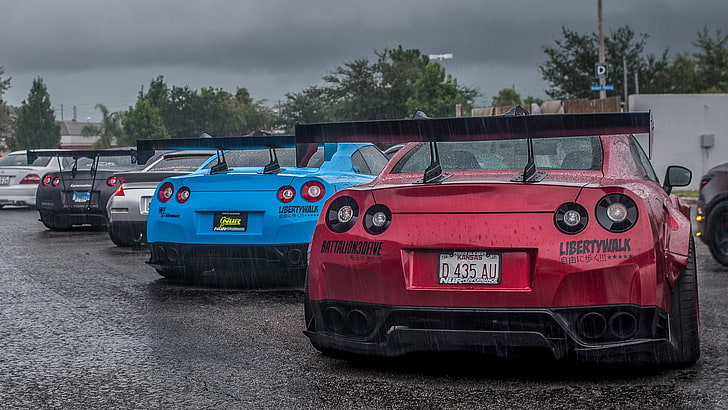 красная машина, Nissan GT-R R35, Nissan, японские машины, дождь, Liberty Walk, HD обои