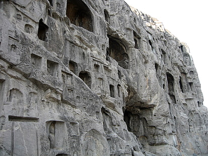 budynek z szarego betonu, groty Longmana, jaskinia, mur, pogłębienie, kamień, Tapety HD HD wallpaper