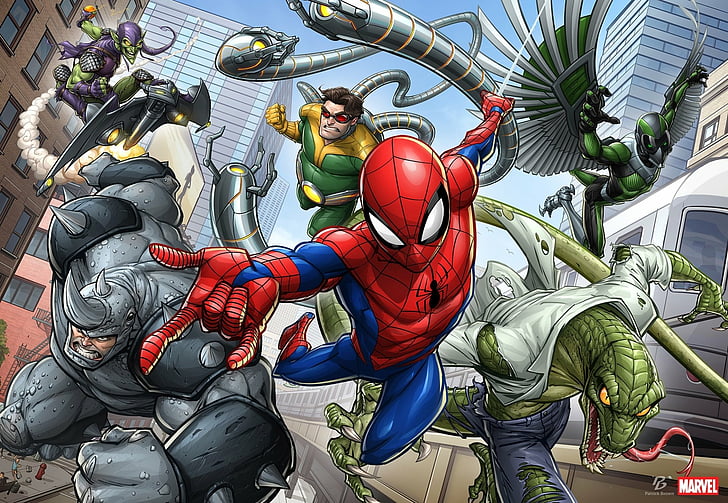 Homem-Aranha, Doutor Polvo, Goblin Verde, Marvel Comics, Rinoceronte (Marvel Comics), HD papel de parede