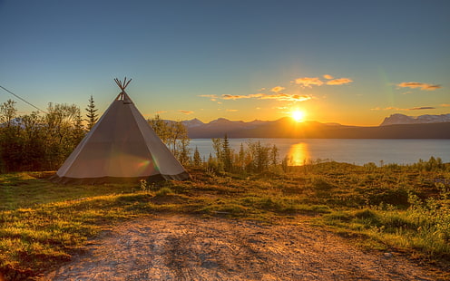 Camping, lac, soleil, tipi, Fond d'écran HD HD wallpaper