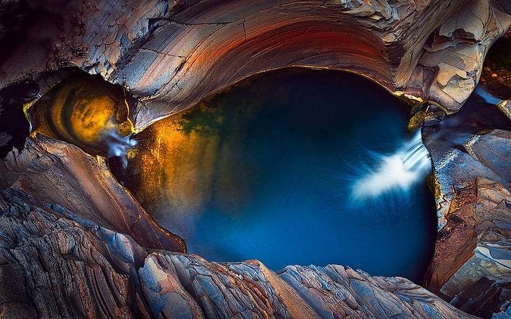 fond d'écran numérique multicolore, paysage, nature, canyon, cascade, érosion, eau, coloré, bleu, or, Australie, parc national, Fond d'écran HD