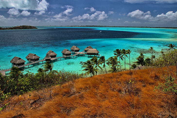 Bora Bora Water Bungalows, остров, виллы, тропический, острова, лагуна, бунгало, вода, Таити, пляж, полинезия, океан, вода, синий, борабо, HD обои