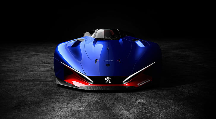 illustrazione blu dell'automobile eccellente di Peugeot, Peugeot, ibrido L500 R, automobili di concetto, 4K, Sfondo HD