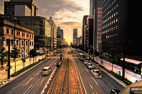 cars on road between buildings, hiroshima, hiroshima, HDR, Hiroshima City, City  cars, on road, road between, buildings, Award, Gallery, flickr, canon  7d, tokina, wide  shot, japan, 日本, street, traffic, urban Scene, cityscape, night, city, downtown District, architecture, skyscraper, city Life, urban Skyline, building Exterior, transportation, dusk, built Structure, famous Place, illuminated, car, road, travel, uSA, office Building, business, HD wallpaper HD wallpaper