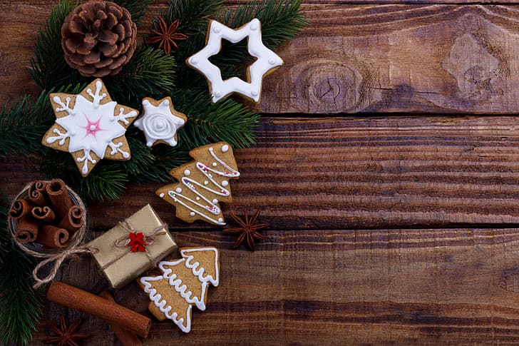 decoration, New Year, cookies, Christmas, wood, gingerbread, Merry, fir tree, fir-tree branches, HD wallpaper