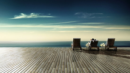 Rilassati, tre sedie a sdraio marroni, rilassati, Sfondo HD HD wallpaper