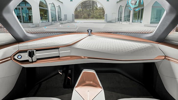 biało-beżowe wnętrze pojazdu, BMW Vision Next 100, samochody przyszłości, wnętrze, Tapety HD
