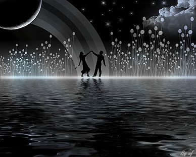 man och kvinna som dansar på vattentapet, konstnärlig, kärlek, moln, dans, man, måne, natt, kvinna, HD tapet HD wallpaper