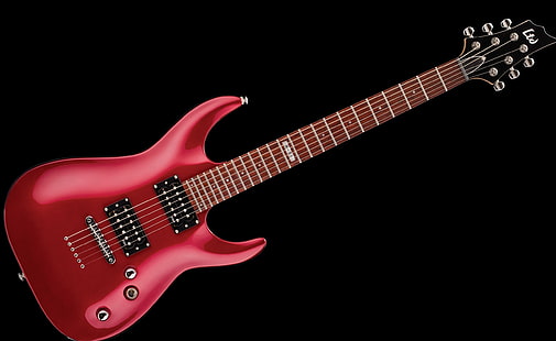 Червена електрическа китара, музика, китара, рок, дизайн, страхотно, инструмент, черен фон, електрическа китара, червена китара, HD тапет HD wallpaper