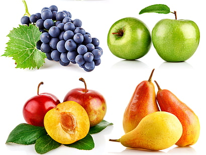 четири различни плода, грозде, ябълки, нектарини, круши, HD тапет HD wallpaper