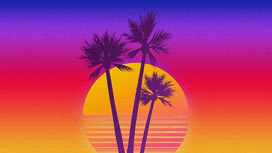  synthwave, OutRun, vaporwave, Retrowave, sunset, palm trees, digital art, HD wallpaper HD wallpaper