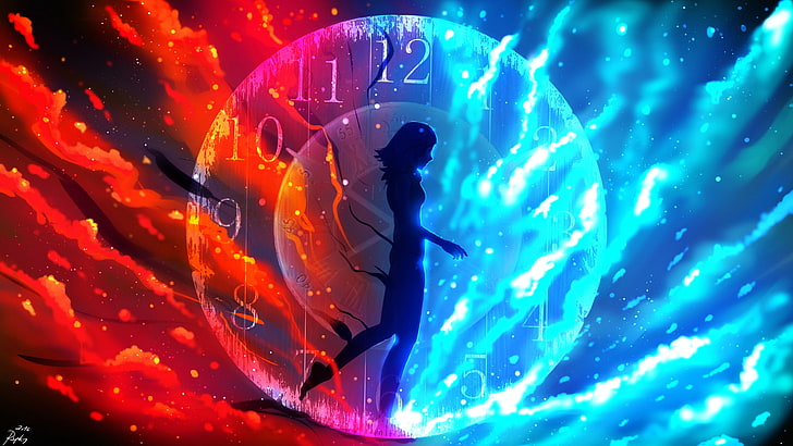as the time passes by, anime girl, clock, fire, water, soul, Anime, HD wallpaper