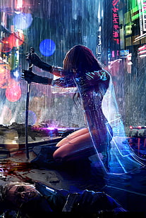 mujer sosteniendo espada fondo de pantalla, cyberpunk, Jacek Babinski, arte digital, Fondo de pantalla HD HD wallpaper