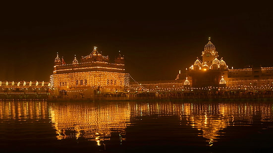 malam, lampu, India, Amritsar, Kuil emas, Punjab, festival cahaya, Wallpaper HD HD wallpaper