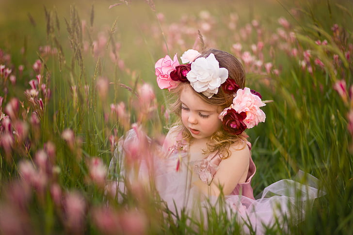 낮 동안 푸른 잔디와 핑크 꽃밭에 흰색과 분홍색 꽃 머리 장식 소녀, 귀여운 소녀, 초원, 화환, HD, 5K, HD 배경 화면
