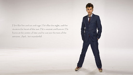 veste et pantalon de costume bleu pour homme avec superposition de texte, The Doctor, TARDIS, David Tennant, Dixième Docteur, citation, Fond d'écran HD HD wallpaper