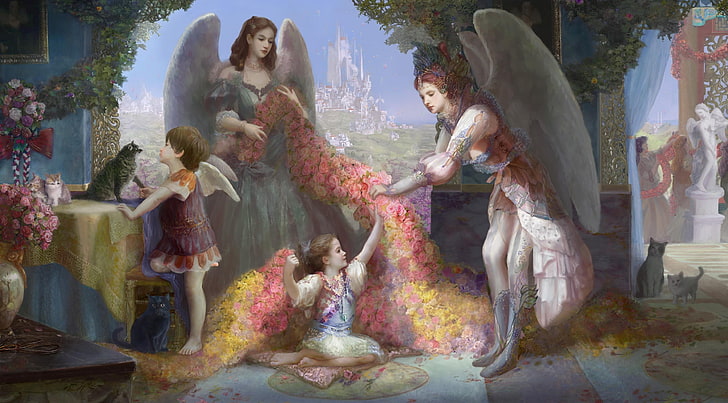 woman angel standing beside girl painting, angels, family, home, comfort, cats, flowers, HD wallpaper
