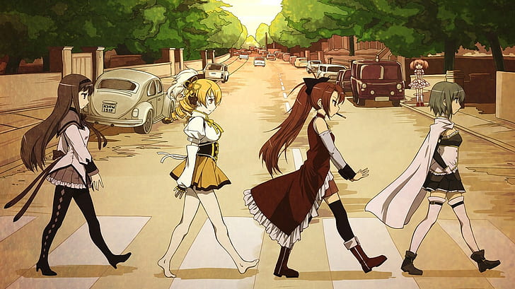 Abteistraße, Mahou Shoujo Madoka Magica, Sakura Kyoko, Miki Sayaka, Tomoe Mami, Kaname Madoka, Akemi Homura, HD-Hintergrundbild