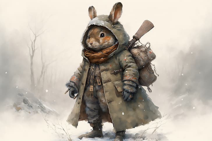 KI-Kunst, Kaninchen, Schnee, Malerei, HD-Hintergrundbild