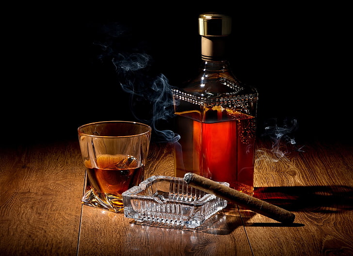 Speisen, Whisky, Alkohol, Flasche, Zigarre, Getränk, Glas, HD-Hintergrundbild