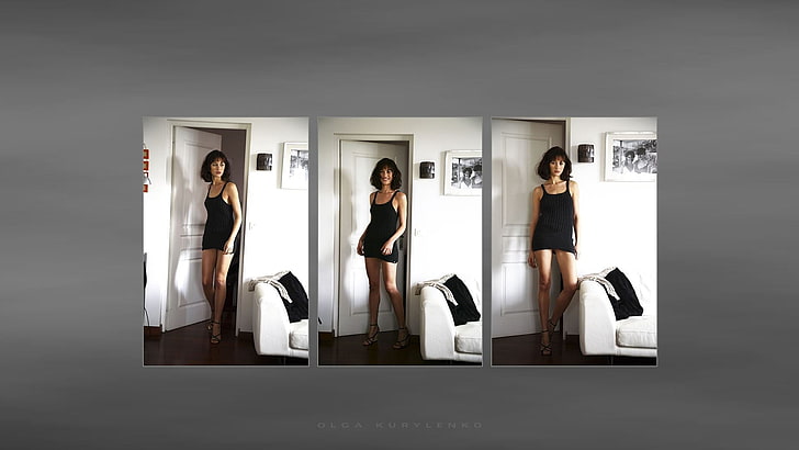 mini robe noire avec bride noire, yeux verts, Olga Kurylenko, robe de chambre, jambes, talons, collage, actrice, modèle, Fond d'écran HD