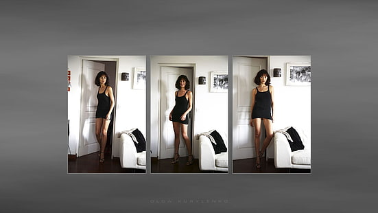 kolaż mini sukienka damska czarna na ramiączkach, brunetka, zielone oczy, Olga Kurylenko, minisukienka, nogi, szpilki, kolaż, aktorka, modelka, Tapety HD HD wallpaper