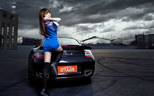 дамско синьо облекло minidress, машина, авто, момиче, модел, азиатски, автомобил, Porsche 911 Turbo S, корейски модел, HD тапет HD wallpaper