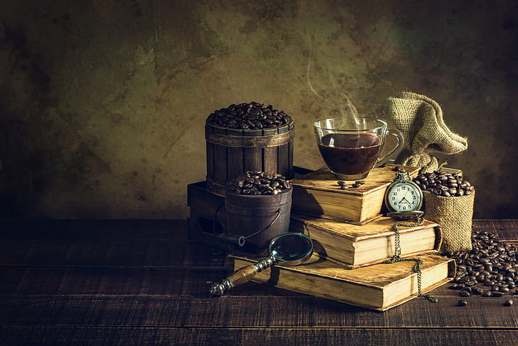 Uhr, Kaffee, Rosen, Vintage, Bücher, HD-Hintergrundbild