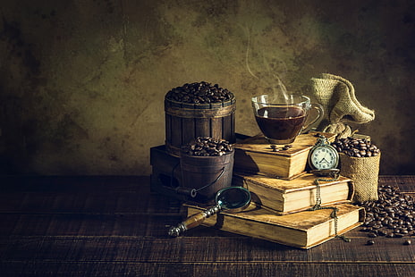 Uhr, Kaffee, Rosen, Vintage, Bücher, HD-Hintergrundbild HD wallpaper