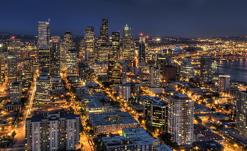 Seattle la nuit de l'aiguille spatiale HDR, lumières de la ville vue aérienne, États-Unis, Washington, espace, de, ville, nuit, Seattle, hdr, aiguille spatiale, lumières de la ville, Fond d'écran HD HD wallpaper