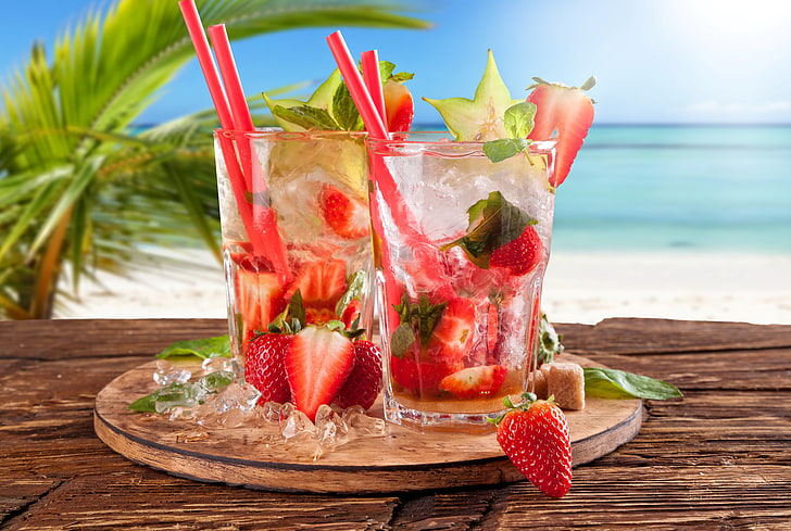 клубничный сок, море, пляж, клубника, коктейль, лето, свежий, рай, напиток, мохито, тропический, HD обои