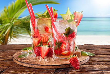 клубничный сок, море, пляж, клубника, коктейль, лето, свежий, рай, напиток, мохито, тропический, HD обои HD wallpaper