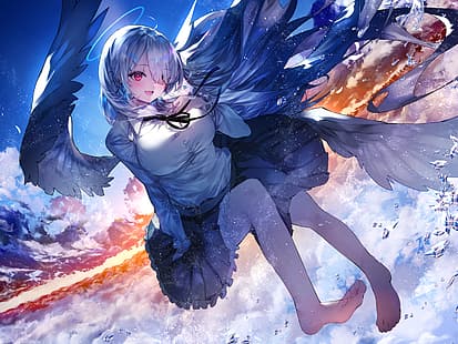  anime girls, sunset, wings, angel wings, clouds, floating, falling, flying, water drops, gray hair, pink eyes, cropped, blushing, smiling, hair over one eye, legs, head tilt, hands on chest, skirt, frills, nimbus, sky, heart eyes, looking at viewer, feet, barefoot, foot sole, blue hair, angel, hair ornament, feathers, gradient hair, Pixiv, HD wallpaper HD wallpaper