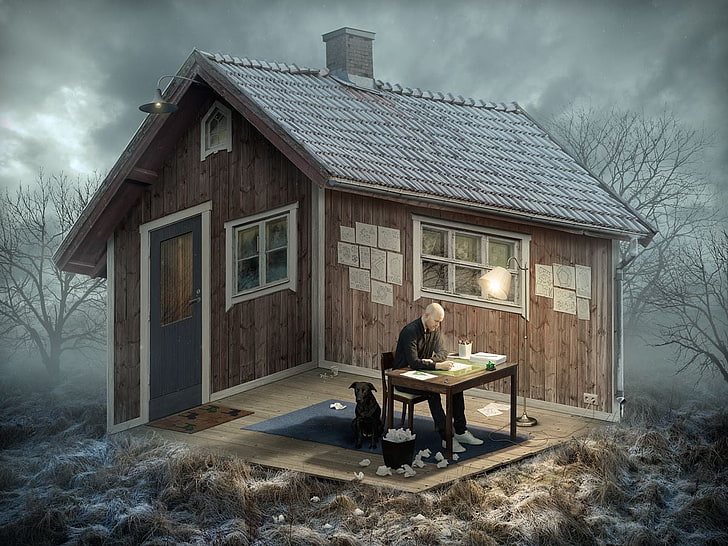 brązowy drewniany dom, drewno, dom, natura, krajobraz, Erik Johansson, złudzenie optyczne, manipulacja zdjęciami, pies, drzewa, chmury, wnętrze, pisanie, okno, trawa, dzieło, mężczyźni, Tapety HD