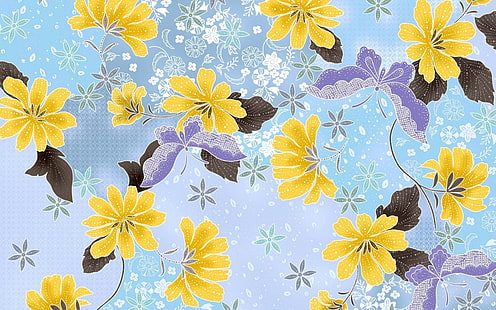 blue and yellow floral wallpaper, color, background, pattern, surface, HD wallpaper HD wallpaper
