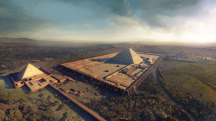 foto udara dari bangunan Piramida, piramida, pemandangan udara, seni fantasi, Wallpaper HD