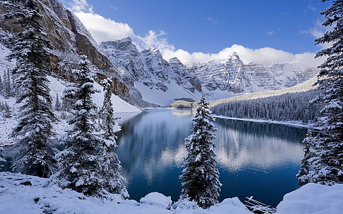 Озеро Морейн зимой Канада, национальный парк Банф зимой, озеро, зима, Канада, морена, HD обои HD wallpaper