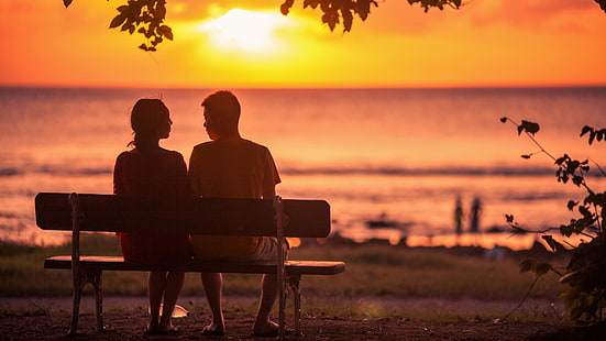 lovers, date, bench, park, sunset, love, couple, romance, shore, coast, HD wallpaper HD wallpaper