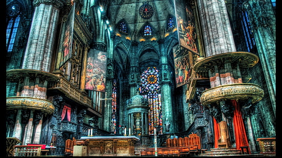 mångfärgad medeltida byggnadskonstverk, kyrka, Milano, milankatedralen, katedralen, HDR, arkitektur, HD tapet HD wallpaper