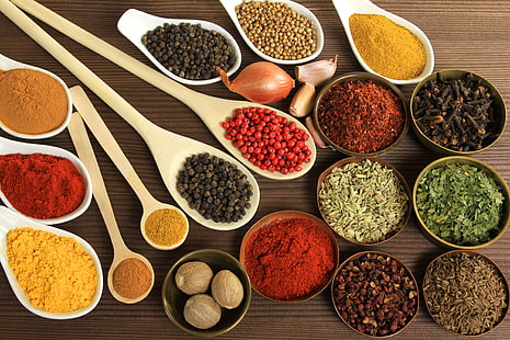 spices and herbs, walnut, bow, plates, pepper, spices, garlic, seasoning, bowls, curry, cumin, nutmeg, HD wallpaper HD wallpaper